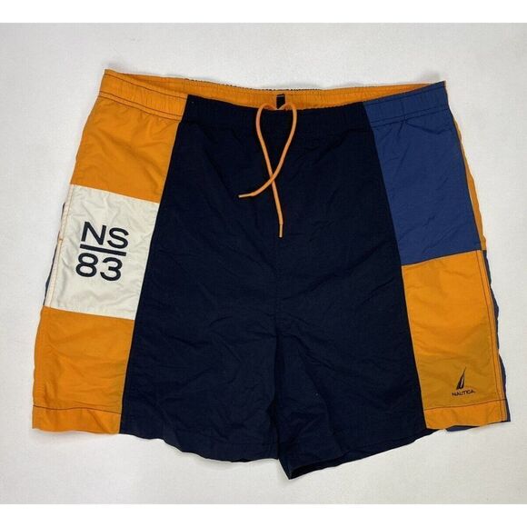 Nautica NS83 Swim Board Shorts Trunks Men Medium Blue Colorblock Nylon - Picture 1 of 6